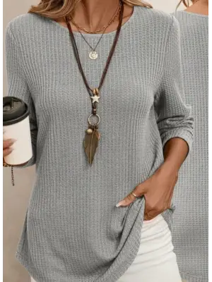 Kadın Uzun Kollu Yuvarlak Yaka Arkadan Düğmeli Waffle Bluz