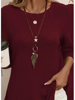 Kadın Uzun Kollu Yuvarlak Yaka Arkadan Düğmeli Waffle Bluz