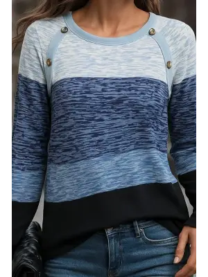 Kadın Uzun Kollu Yuvarlak Yaka Baskılı Düğme Detay Süprem Bluz