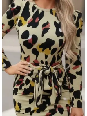 Kadın Uzun Kollu Yuvarlak Yaka Belden Kuşaklı önden Yırtmaçlı örme Krep Elbise