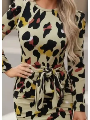 Kadın Uzun Kollu Yuvarlak Yaka Belden Kuşaklı önden Yırtmaçlı örme Krep Elbise