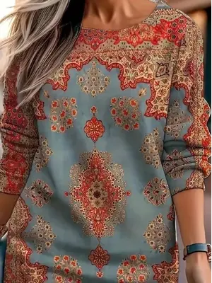 Kadın Uzun Kollu Yuvarlak Yaka Desenli Mini Modal Elbise