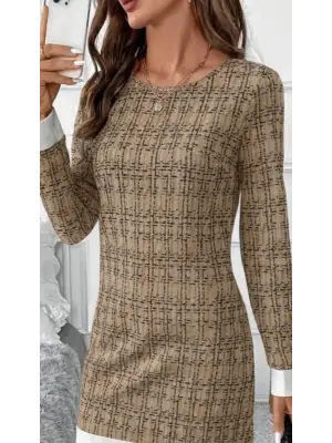 Kadın Uzun Kollu Yuvarlak Yaka Etek Ucu şerit Detaylı Mini Dokuma Elbise