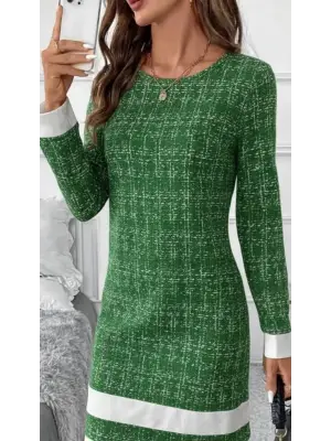 Kadın Uzun Kollu Yuvarlak Yaka Etek Ucu şerit Detaylı Mini Dokuma Elbise