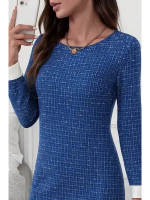 Kadın Uzun Kollu Yuvarlak Yaka Etek Ucu şerit Detaylı Mini Dokuma Elbise