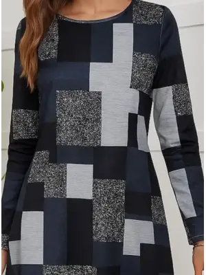 Kadın Uzun Kollu Yuvarlak Yaka Geometrik Süprem Elbise