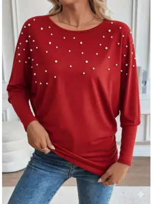 Kadın Uzun Kollu Yuvarlak Yaka Incili Viskon Bluz