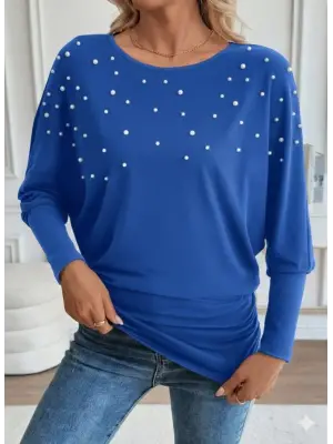 Kadın Uzun Kollu Yuvarlak Yaka Incili Viskon Bluz