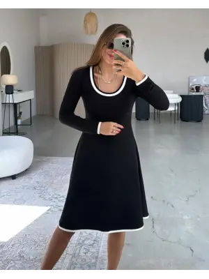 Kadın Uzun Kollu Yuvarlak Yaka Midi Viskon Iki Iplik Elbise