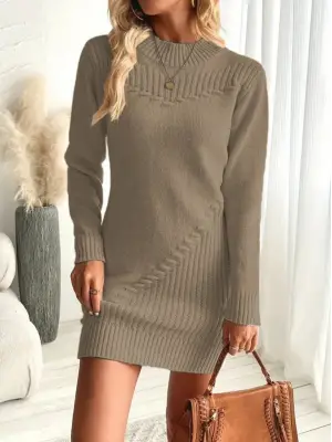 Kadın Uzun Kollu Yuvarlak Yaka Mini Triko Elbise