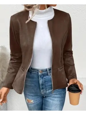 Kadın Uzun Kollu Yuvarlak Yaka önden Fermuarlı Süet Ceket