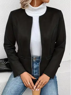 Kadın Uzun Kollu Yuvarlak Yaka önden Fermuarlı Süet Ceket