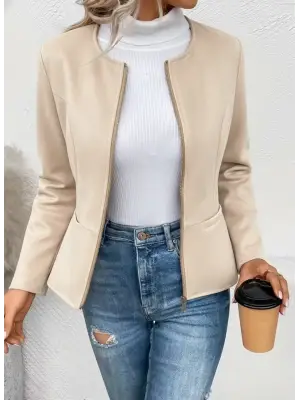 Kadın Uzun Kollu Yuvarlak Yaka önden Fermuarlı Süet Ceket