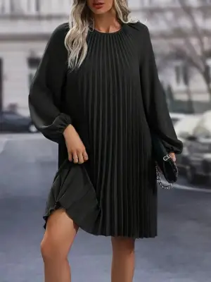 Kadın Uzun Kollu Yuvarlak Yaka Pileli Salaş Mini Ithal Krep Elbise