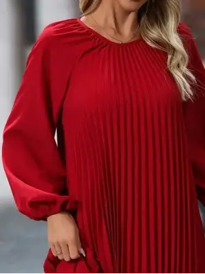 Kadın Uzun Kollu Yuvarlak Yaka Pileli Salaş Mini Ithal Krep Elbise