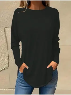 Kadın Uzun Kollu Yuvarlak Yaka Salaş Iki Iplik Bluz