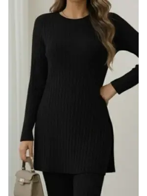 Kadın Uzun Kollu Yuvarlak Yaka Yandan Yırtmaç Detaylı şardonlu Kaşkorse Bluz Ve Pantolon Ikili Takım