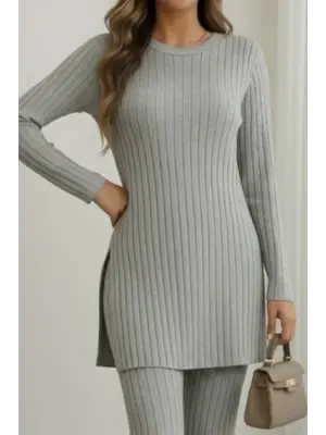 Kadın Uzun Kollu Yuvarlak Yaka Yandan Yırtmaç Detaylı şardonlu Kaşkorse Bluz Ve Pantolon Ikili Takım