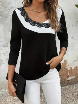 Kadın Uzun Kollu Yuvarlak Yakalı Çift Renkli Dantel Detaylı Bluz