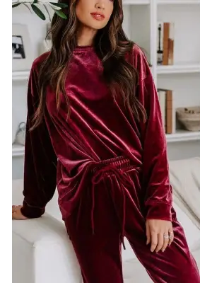 Kadın Uzun Kollu Yuvarlak Yakalı Kadife Bluz Ve Pantolon Takım