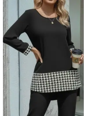 Şık Yuvarlak Yakalı Viscon Kaz Ayağı Detaylı İkili Takım