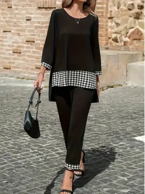 Kadın Uzun Kollu Yuvarlak Yakalı Kaz Ayağı Detaylı Viskon Iki Iplik Bluz Ve Pantolon Ikili Takım