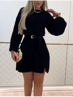 Kadın Uzun Kollu Yuvarlak Yakalı Kısa Triko Elbise