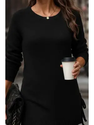 Kadın Uzun Kollu Yuvarlak Yakalı Yanlardan Bağcıklı Triko Bluz