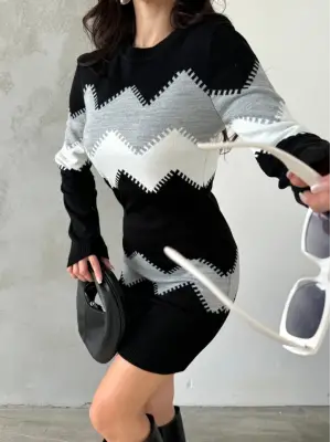 Kadın Uzun Kollu Zigzag Desen Triko Elbise