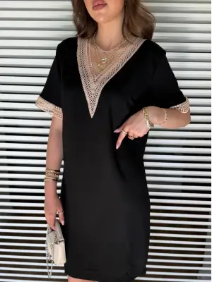 Kadın V Yaka Güpürlü İki İplik Elbise