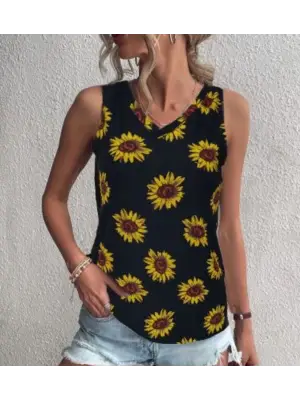 Omarı Şık Krep Bluz - V Yaka Kolsuz Ayçiçeği Deseniyle