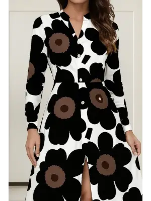 Kadın Yakalı önden Düğmeli çiçek Desenli Uzun Süprem Elbise