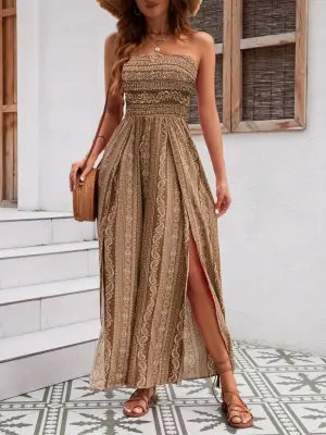 Kadın Yakası Gipe Detaylı önden Yırtmaç Detaylı Desenli Süprem Pantolun Etek Tulum