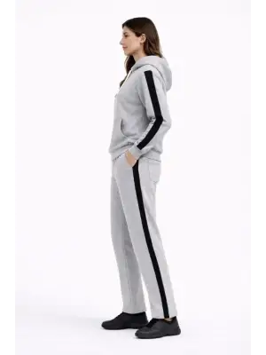 KADIN Yandan Şeritli Eşofman Takım Kapüşonlu Sweatshirt Boru Paça Alt, Oversize 3 Iplik Pamuklu - Gri