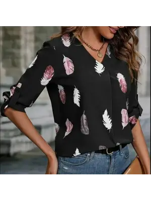 Kadın Yaprak Baskı Ayarlanabilir Truvakar Kol Süper Soft Bluz