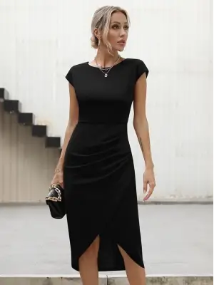 Kadın Yarım Ay Kollu Bisiklet Yaka Yandan Drapeli Ithal Krep Elbise