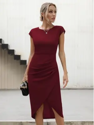 Kadın Yarım Ay Kollu Bisiklet Yaka Yandan Drapeli Ithal Krep Elbise