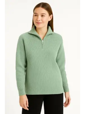 KADIN Yarım Fermuarlı Triko Kazak – Selanik Örgü, Dik Yaka, Pamuklu Dokuma, Oversize Uzun Kollu Kışlık Model - Mint Yeşili