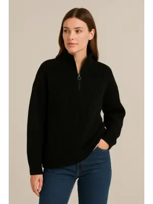 KADIN Yarım Fermuarlı Triko Kazak – Selanik Örgü, Dik Yaka, Pamuklu Dokuma, Oversize Uzun Kollu Kışlık Model - Siyah