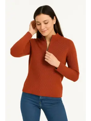 Kiremit Yarım Fermuarlı Triko Kazak Kadın Giyim