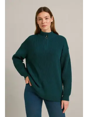 KADIN Yarım Fermuarlı Triko Kazak – Selanik Örgü, Dik Yaka, Pamuklu Dokuma, Oversize Uzun Kollu Kışlık Model - Haki