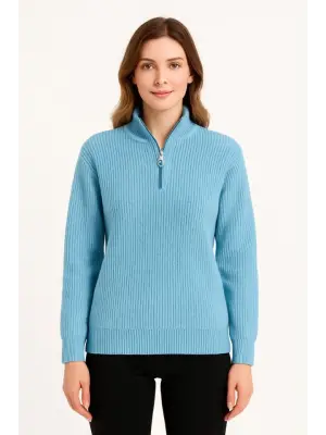 KADIN Yarım Fermuarlı Triko Kazak – Selanik Örgü, Dik Yaka, Pamuklu Dokuma, Oversize Uzun Kollu Kışlık Model - Bebe Mavisi