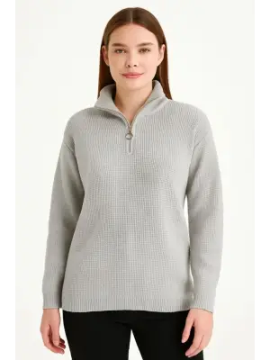 KADIN Yarım Fermuarlı Triko Kazak – Selanik Örgü, Dik Yaka, Pamuklu Dokuma, Regular Fit Uzun Kollu Kışlık Model - Gri