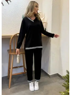 Kadın Uzun Kollu Ribana Detaylı Takım