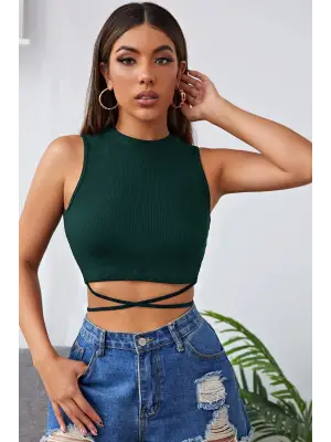 Omarı Modern Yeşil Çapraz Bağlamalı Crop Top