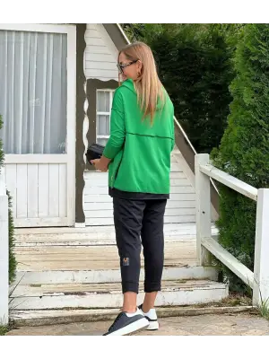 Kadın Yeşil Kapşonlu Etek Ucu Detay Arma Ters Dikiş Gorunumlu Ikili Takım