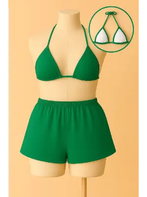 Omarı Yeşil Şortlu Bağlamalı Bikini Takımı