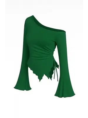 Kadın Yeşil Uzun İspanyol Kollu Asimetirik Yaka Yandan Bağlamalı Drapeli Bluz