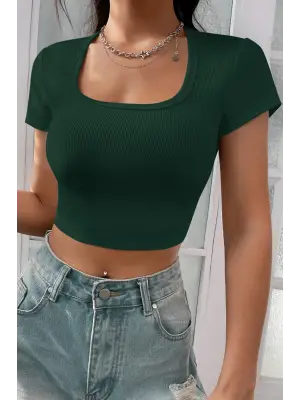 Omarı Yeşil Yarım Kol Crop Top Bluz