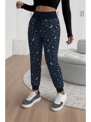 Kadın Yüksek Bel Bağcıklı Desenli Iki Iplik Pantolon